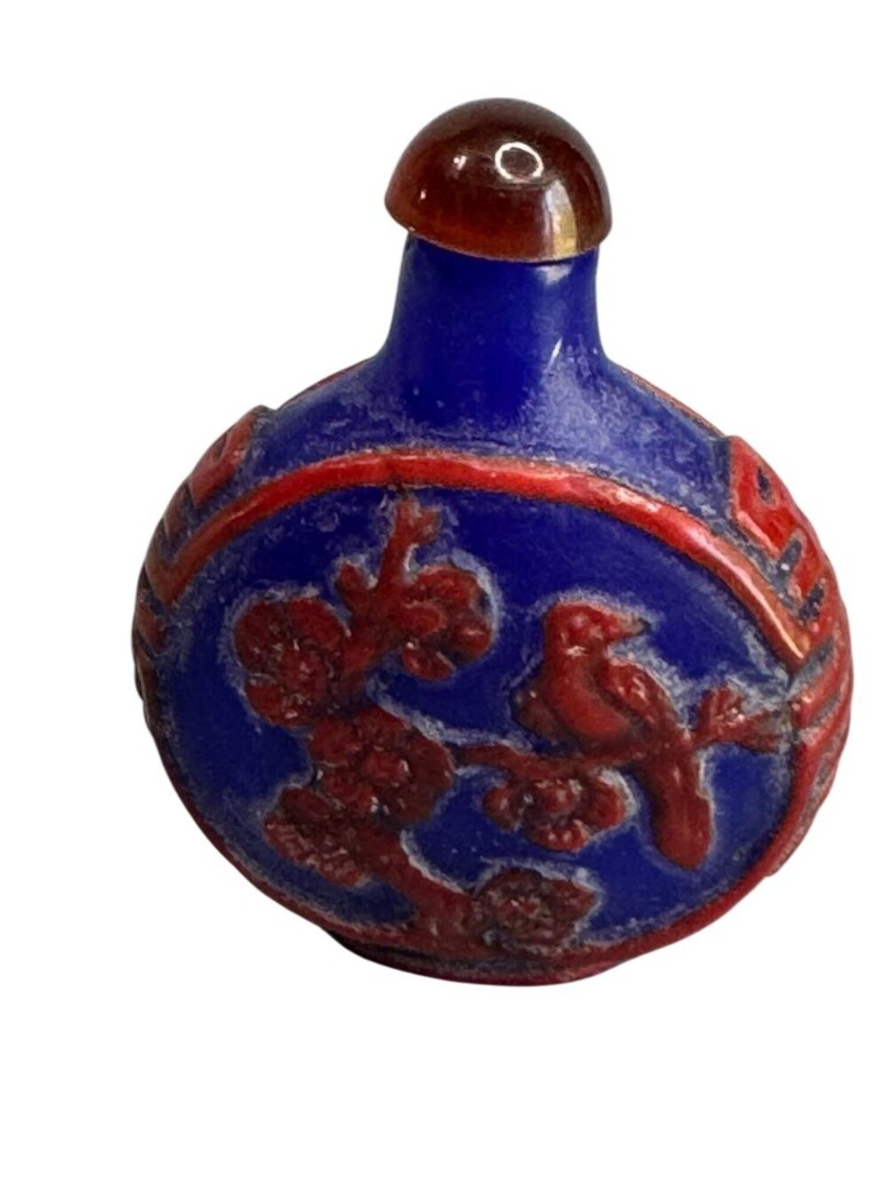 Chinese Snuff Bottle Blue Red Porcelain Relief Bird Floral 2.5" - Picture 3 of 10